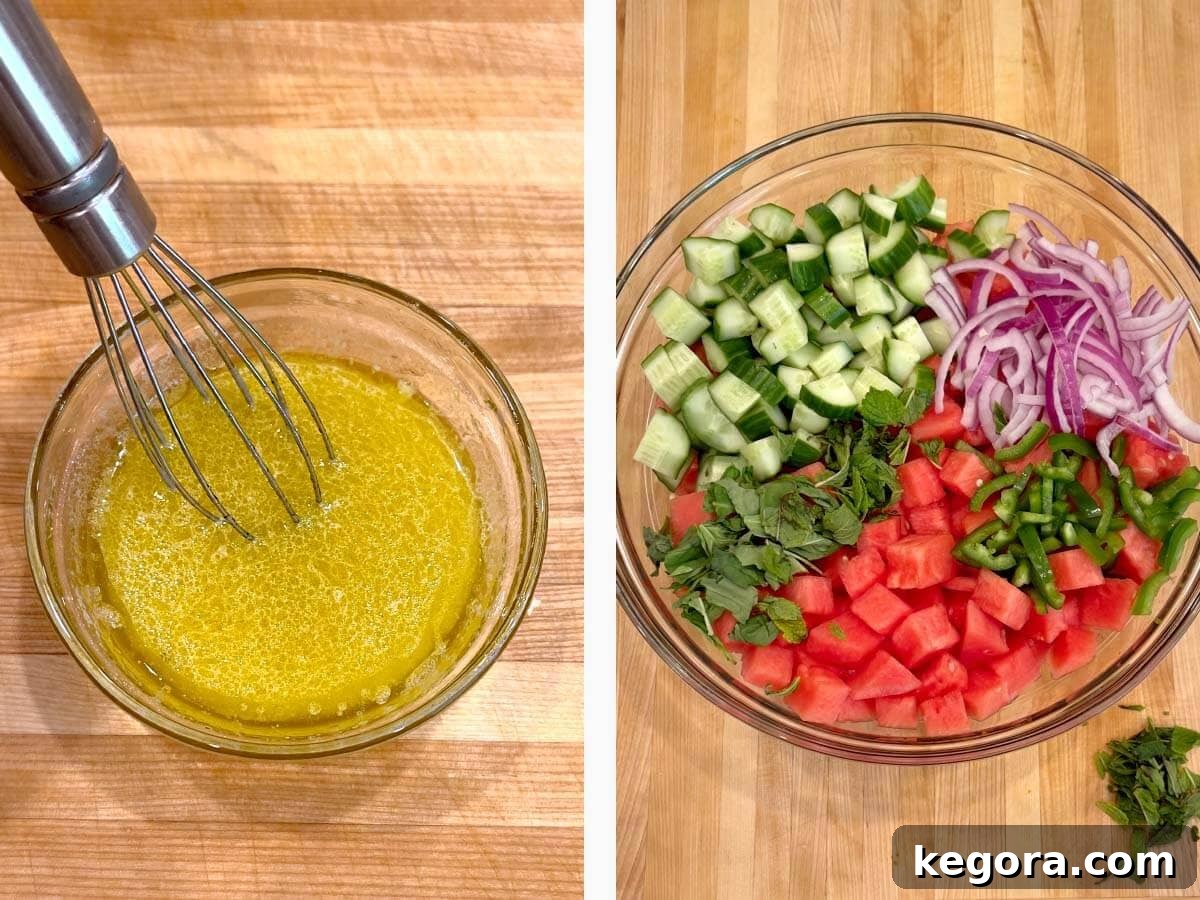whisking salad dressing, watermelon, cucumber, veggies in glass bowl.