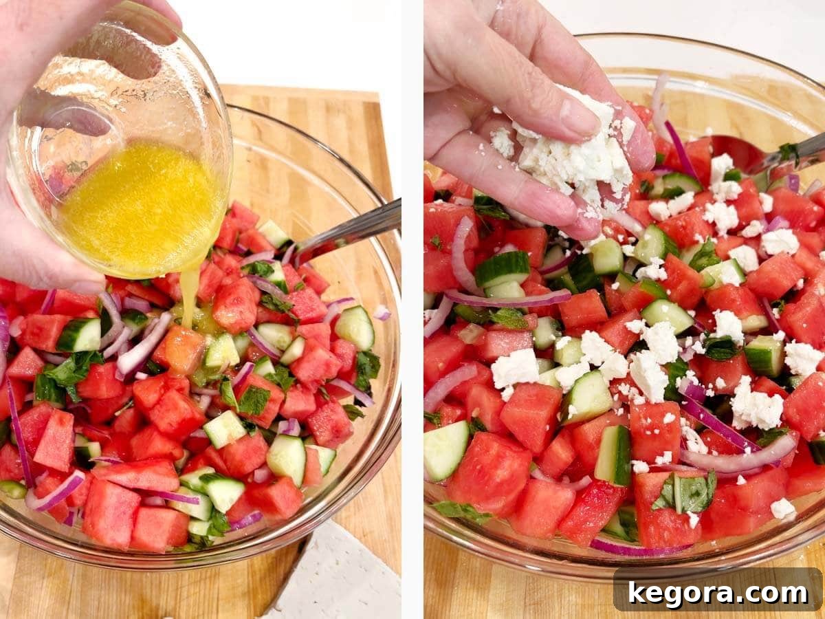 pouring salad dressing into bowl of melon salad, crumbling feta into the salad.