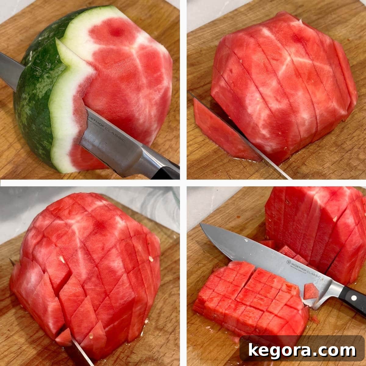 4-image collage showing how to cut a watermelon.