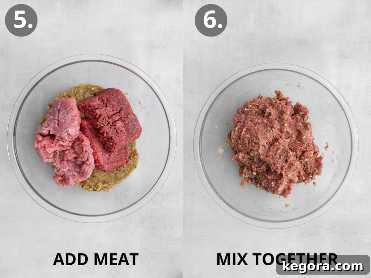 The Ultimate Gluten-Free Meatloaf 6 Meat on top of the flavoring mixture in a bowl, and the meat and flavoring ingredients mixed together