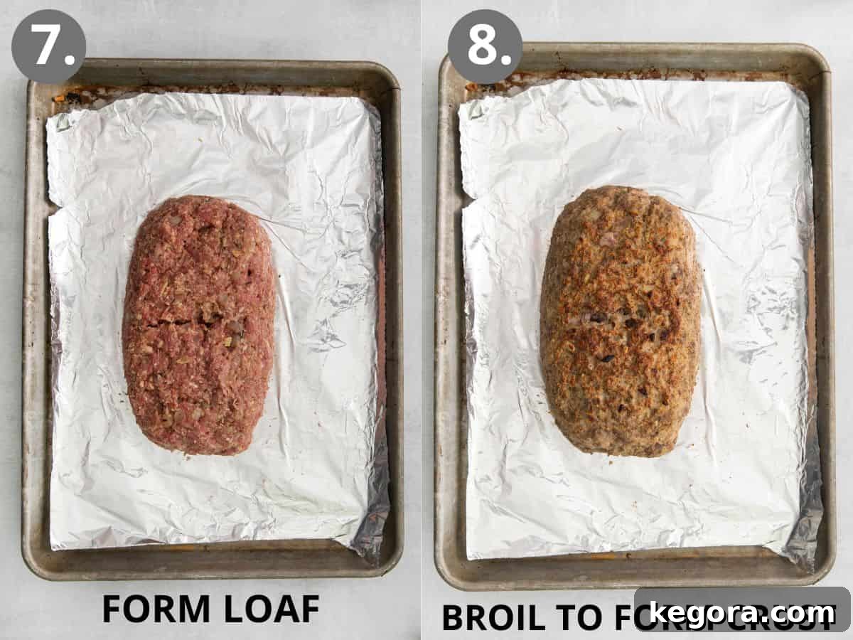 Gluten-free meatloaf formed on a sheetpan, and gluten-free meatloaf broiled