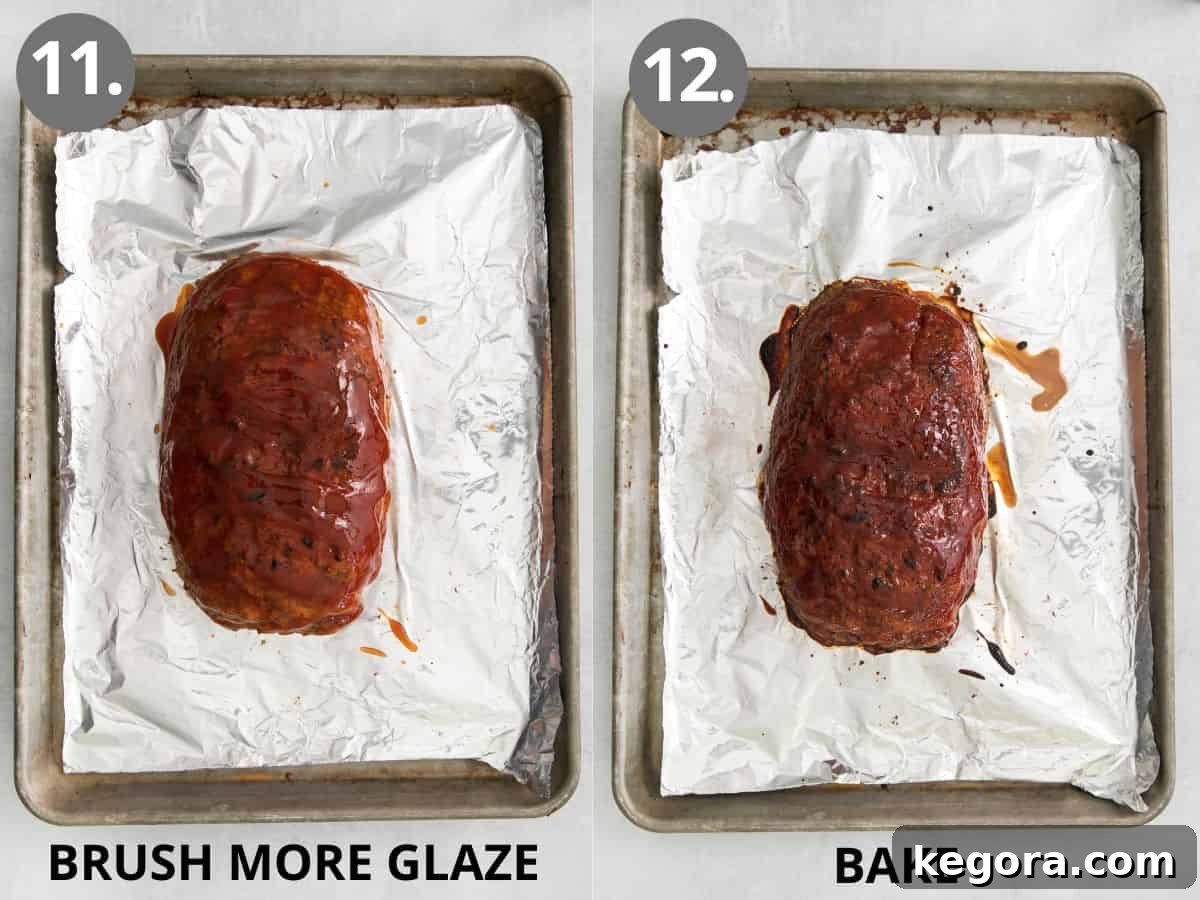 Meatloaf with another layer of glaze added, and a baked meatloaf