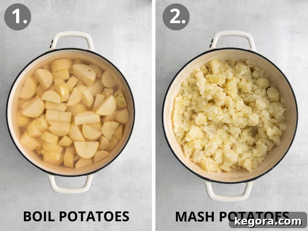 Creamy Gluten-Free Mashed Potatoes 4 Two pots on a stovetop: one with boiled potatoes ready for mashing, and another showing the process of mashing them into creamy perfection.