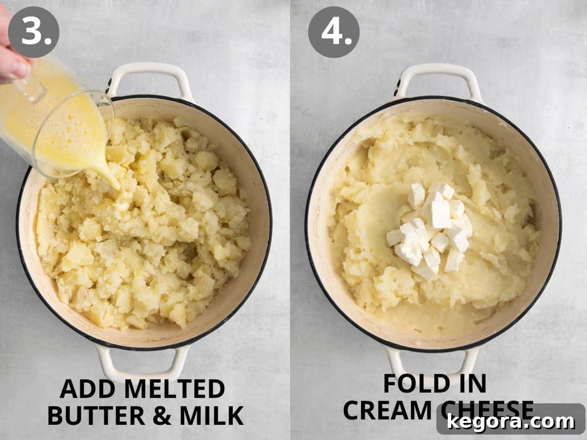 Creamy Gluten-Free Mashed Potatoes 5 A two-part image showing the preparation of mashed potatoes: one pot with melted butter and milk poured over mashed potatoes, and another pot showing cream cheese being folded into the mixture.