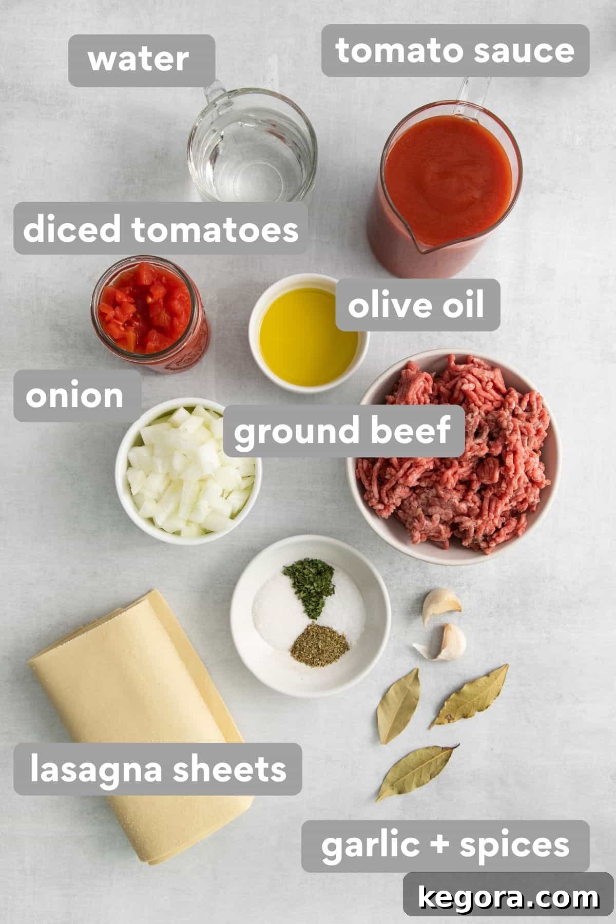 Luscious Dairy-Free Lasagna 3 Assortment of fresh ingredients for dairy-free lasagna meat sauce laid out on a kitchen counter, including onions, garlic, ground beef, and canned tomatoes.