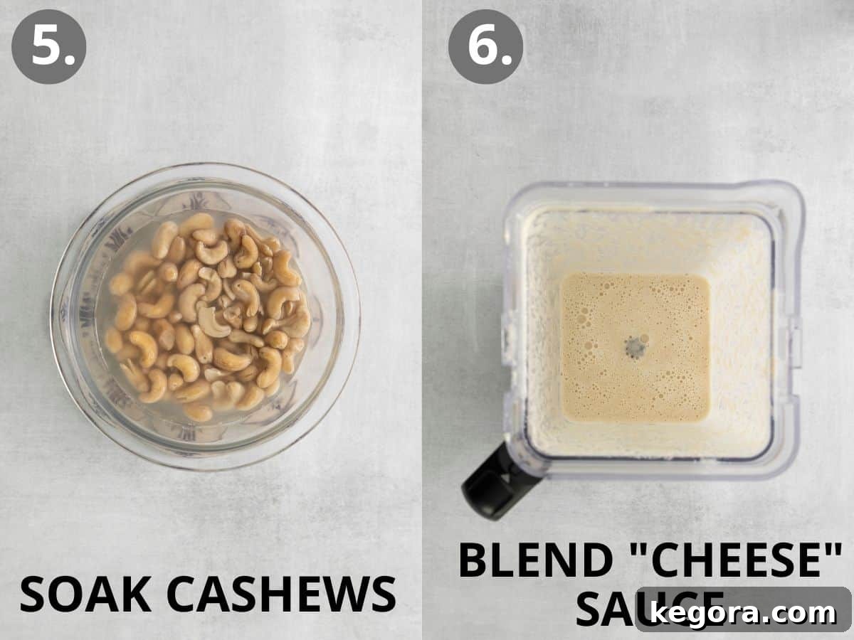 Luscious Dairy-Free Lasagna 7 Left image shows raw cashews soaking in water, right image shows the cashews blended into a smooth, creamy sauce in a high-speed blender.