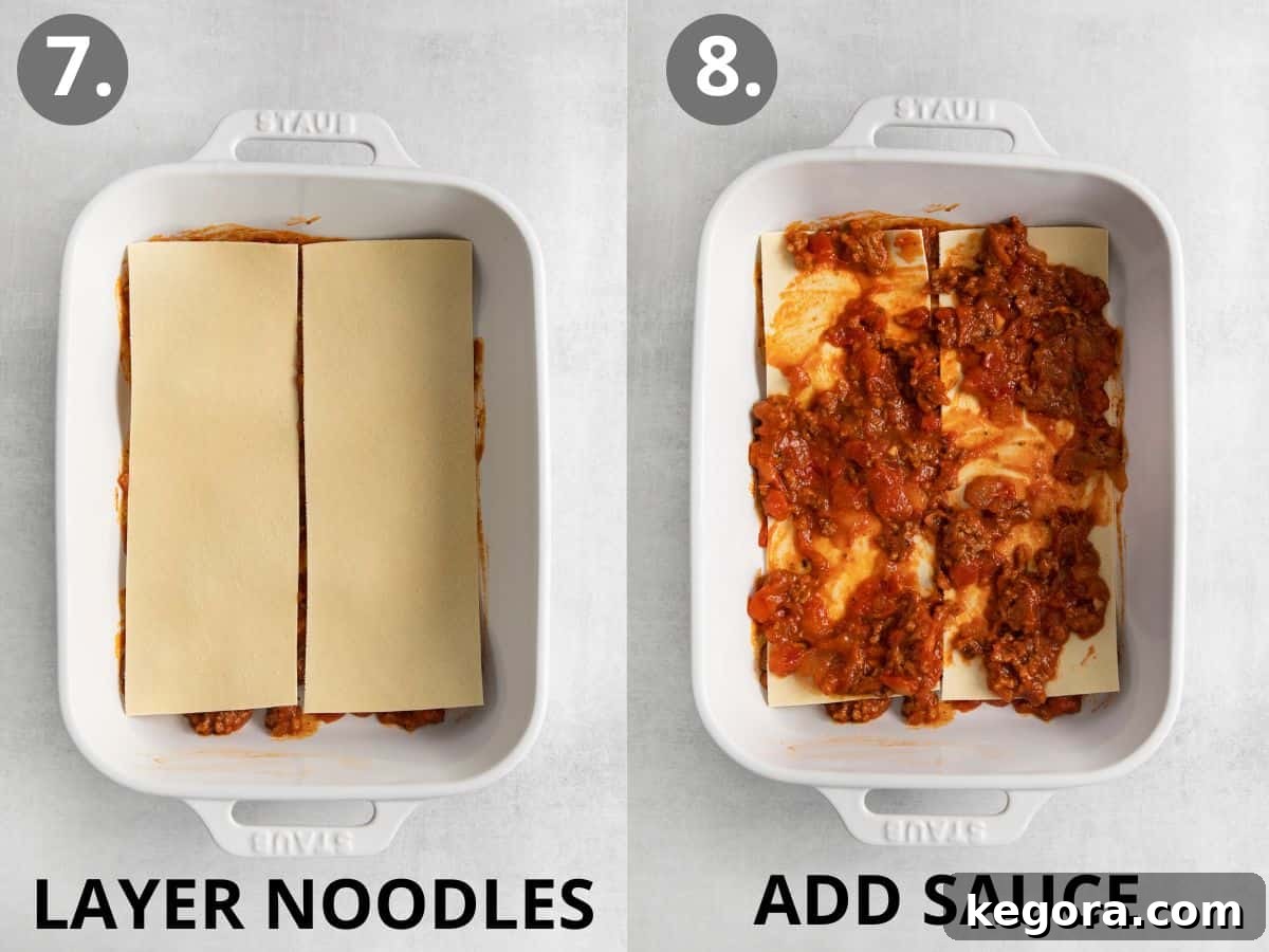 Luscious Dairy-Free Lasagna 8 Two images depicting the lasagna assembly: first, a layer of noodles over sauce; second, a layer of creamy sauce spread over the noodles.