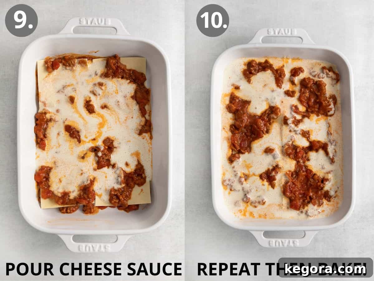 Luscious Dairy-Free Lasagna 9 Two images showing the final layers of lasagna before baking: first, a close-up of the layered noodles and sauces; second, the completed layered dish, ready for the oven.