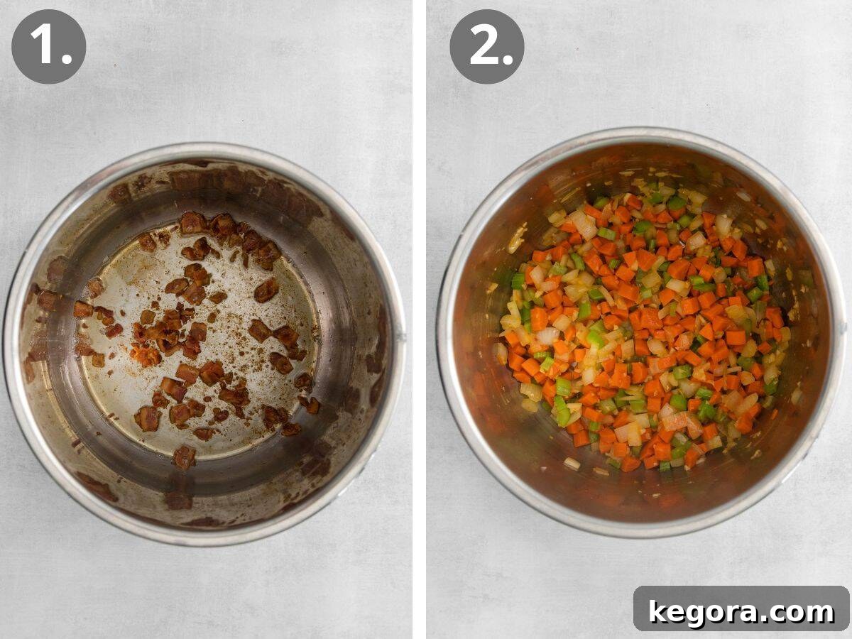 Plant-Based Creamy Potato Soup 5 Steps 1 and 2: cooking the bacon until crispy and then softening the diced vegetables in the rendered bacon grease.