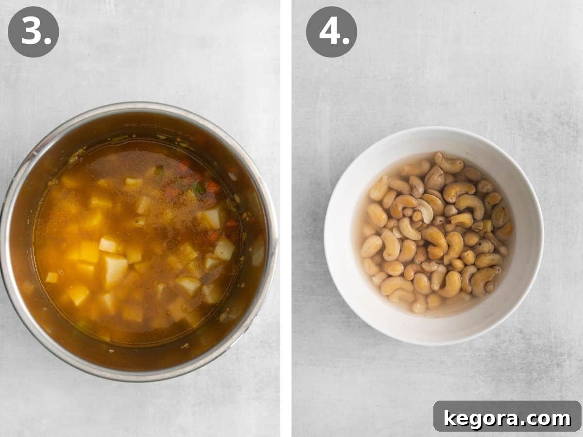 Plant-Based Creamy Potato Soup 6 Steps 3 and 4: simmering the potato soup on the stovetop and simultaneously microwaving raw cashews to soften them for cashew cream.