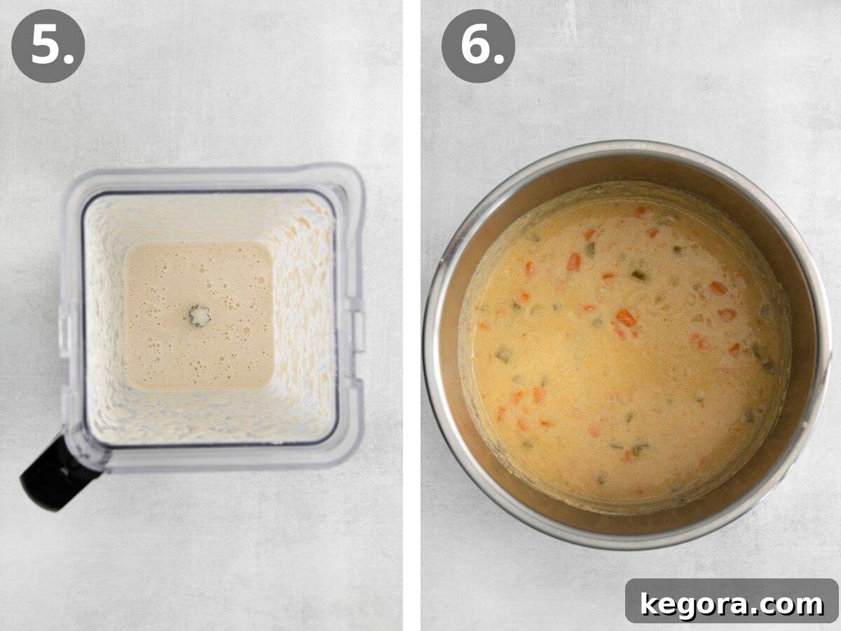 Plant-Based Creamy Potato Soup 7 Steps 5 and 6: blending the softened cashews with water and cornstarch to create a smooth cream, then stirring the cashew cream into the finished potato soup.