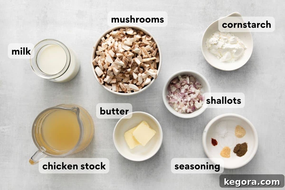 Velvety Gluten-Free Mushroom Magic 4 A selection of fresh ingredients including butter, shallots, mushrooms, chicken stock, and milk, ready for making cream of mushroom soup.