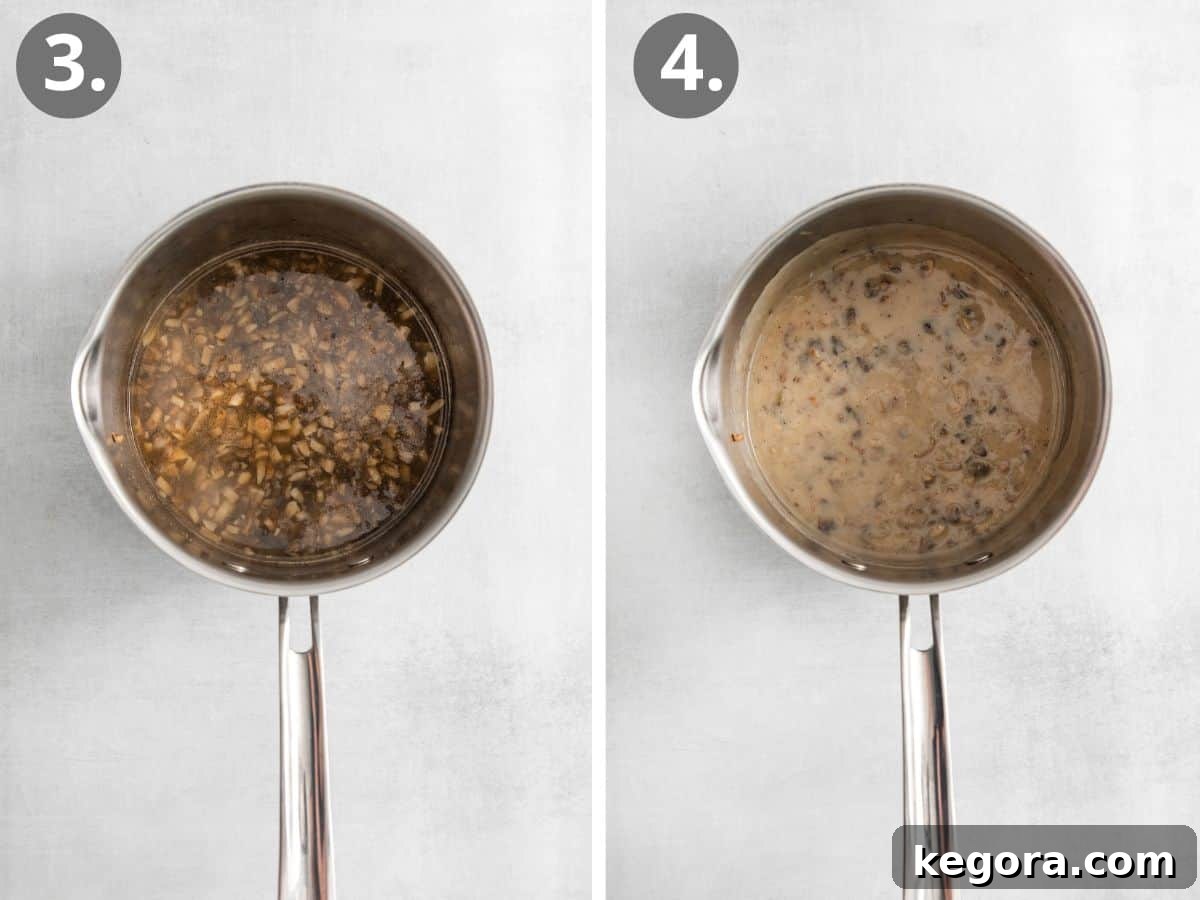Velvety Gluten-Free Mushroom Magic 6 Chicken stock being poured into a pot with sautéed mushrooms and onions, and a second image showing the milk and cornstarch mixture added to the simmering soup base.