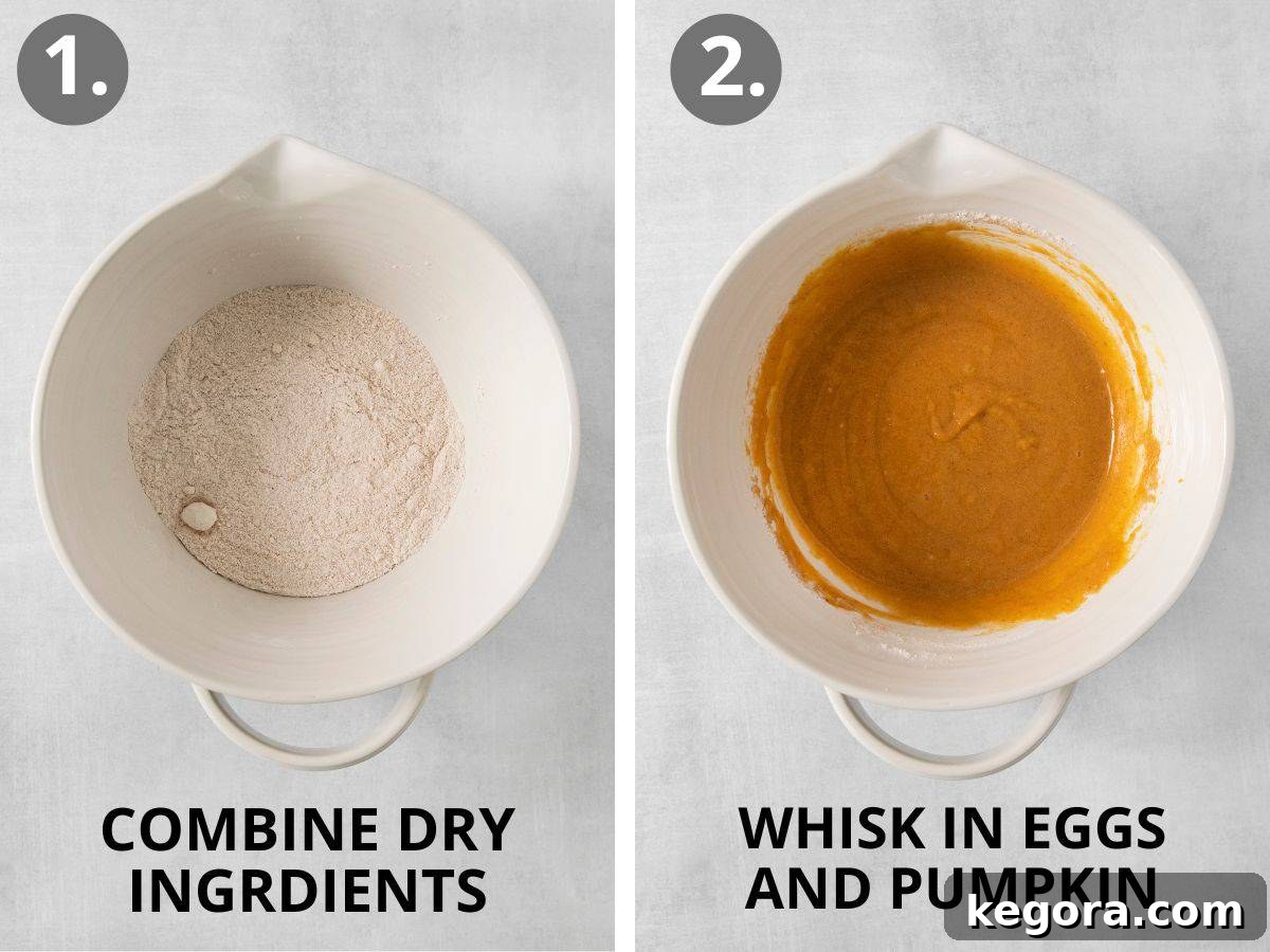 Step-by-step photos showing dry ingredients combined and then wet ingredients whisked in for the gluten-free pumpkin roll cake.