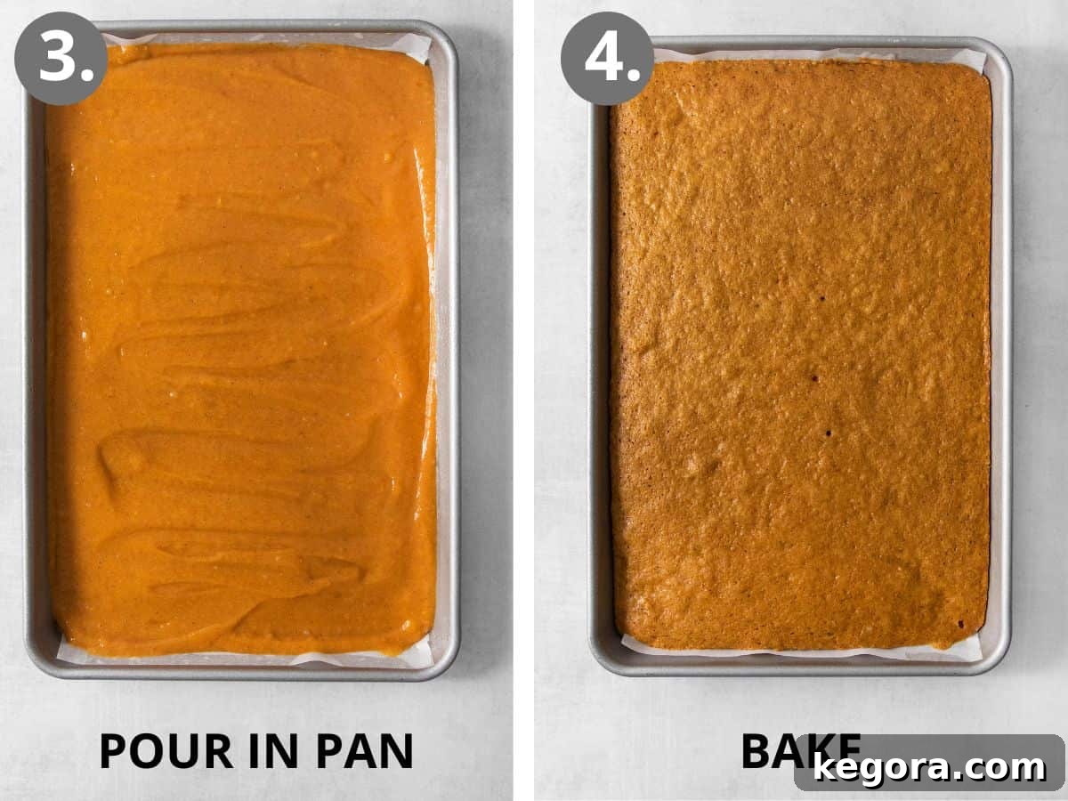 Images demonstrating pouring pumpkin roll batter into a prepared jelly roll pan and the baked cake cooling after coming out of the oven.