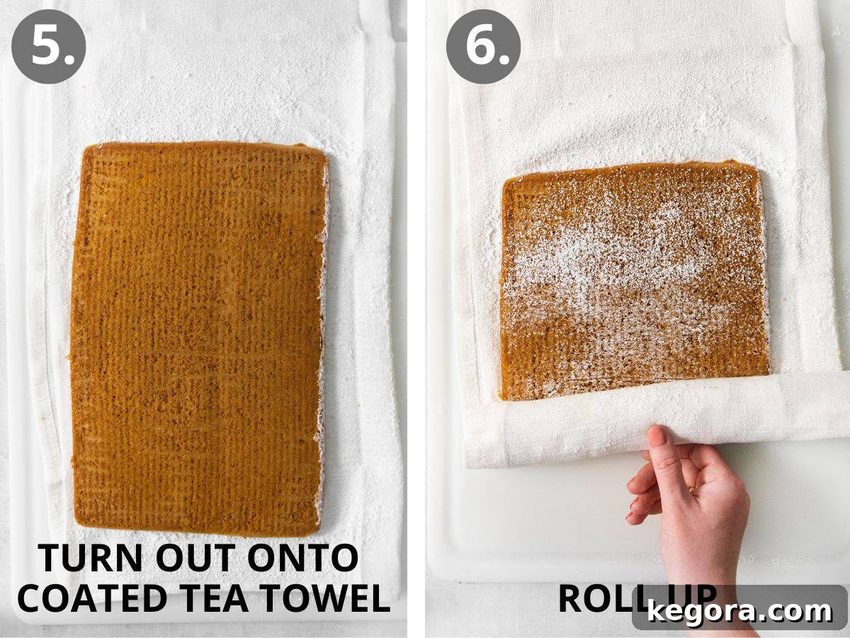 Şahane Glütensiz Balkabağı Rulosu (Sütsüz Yapılabilir) 8 Step-by-step photo sequence: the warm pumpkin cake is inverted onto a powdered sugar-dusted tea towel, and then gently rolled up with the towel.