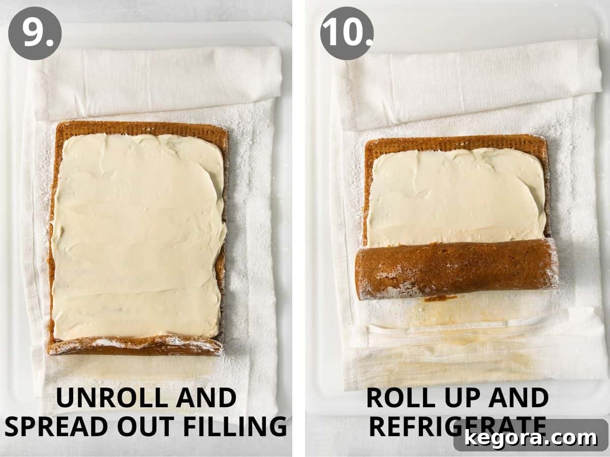Şahane Glütensiz Balkabağı Rulosu (Sütsüz Yapılabilir) 10 Step-by-step photo sequence: the cooled cake is gently unrolled and evenly spread with cream cheese filling, then carefully rolled back up and wrapped for chilling.