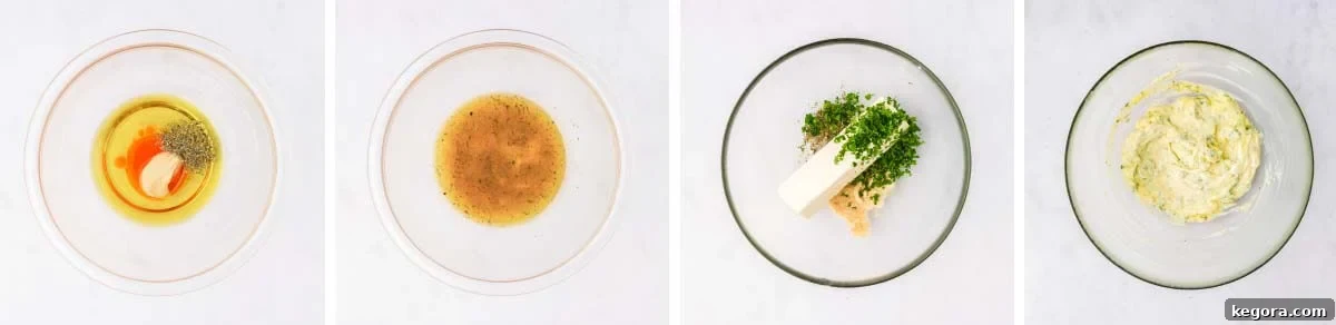 Making the Italian vinaigrette dressing and herb butter topping in separate small bowls.