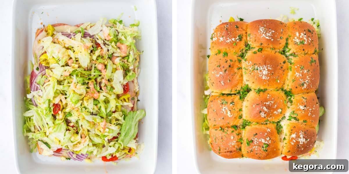 Adding shredded lettuce and drizzling vinaigrette onto the baked Italian Sub Sliders before serving.