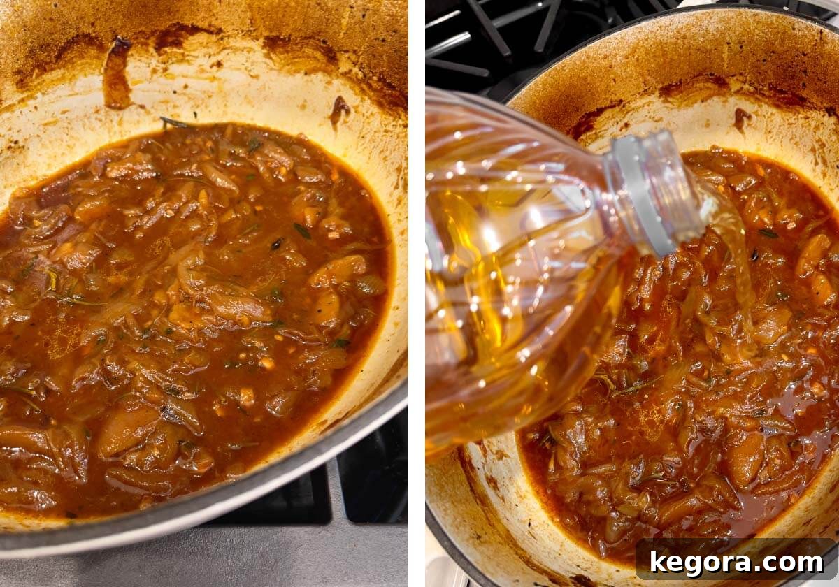 The braising liquid simmering on the stovetop, with the remaining apple cider being added for the gravy.
