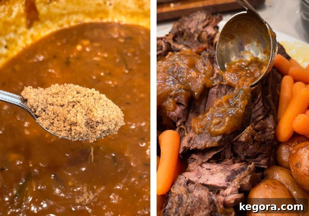 Brown sugar and salt being stirred into the finished gravy, which is then ladled generously over the Apple Cider Pot Roast and vegetables.