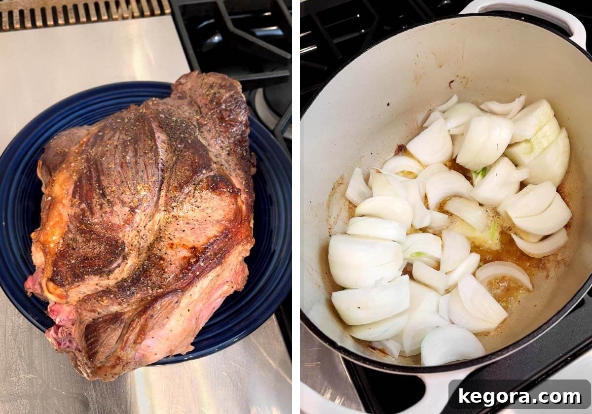 Sliced onions softening in butter within the Dutch oven after the roast has been removed.