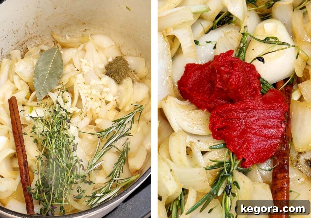 Fresh garlic, herbs, and spices being added to the softened onions, followed by a dollop of rich tomato paste.