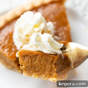 A slice of gluten-free pumpkin pie on a plate with a fork taking a piece, showcasing the flaky crust and creamy filling.