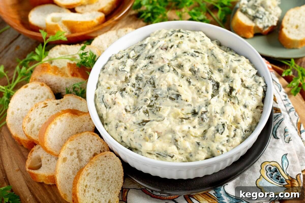 Slow Cooker Spinach Artichoke Dip in grey bowl with bread slices.