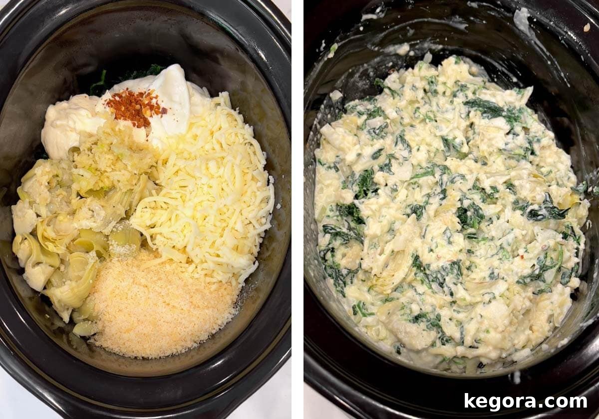 spinach, artichokes, cheese, mayo, sour cream added to crockpot, everything stirred.