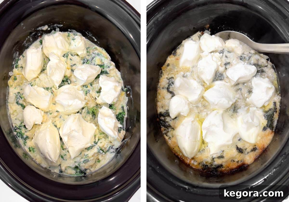 cream cheese pieces dotted on dip mixture in crock, after cooking.