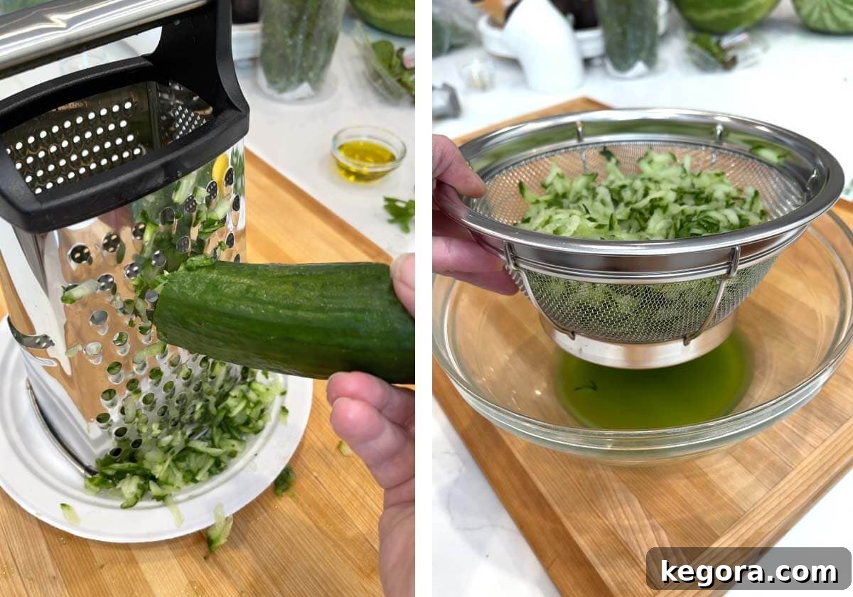 Refreshing Cucumber Yogurt Dip 5 Grating cucumber on a box grater and grated cucumber in a sieve over a bowl.