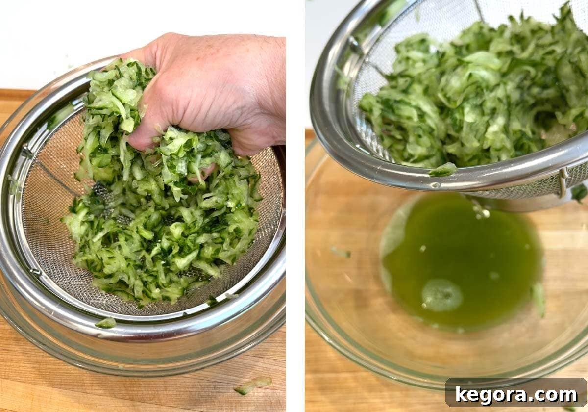 Refreshing Cucumber Yogurt Dip 7 Squeezing grated cucumber with hands to remove excess liquid, lifting sieve.