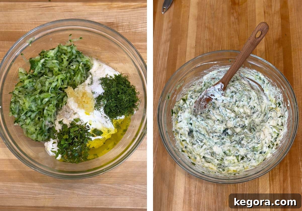 Refreshing Cucumber Yogurt Dip 8 All Tzatziki ingredients in a bowl, mixed together into a creamy dip.