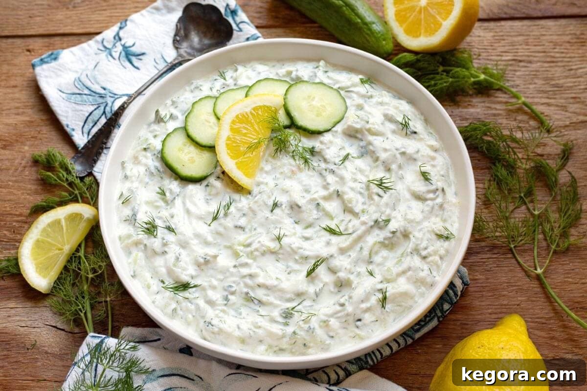 Refreshing Cucumber Yogurt Dip 9 Tzatziki Sauce in a bowl with garnishes, ready to be served.