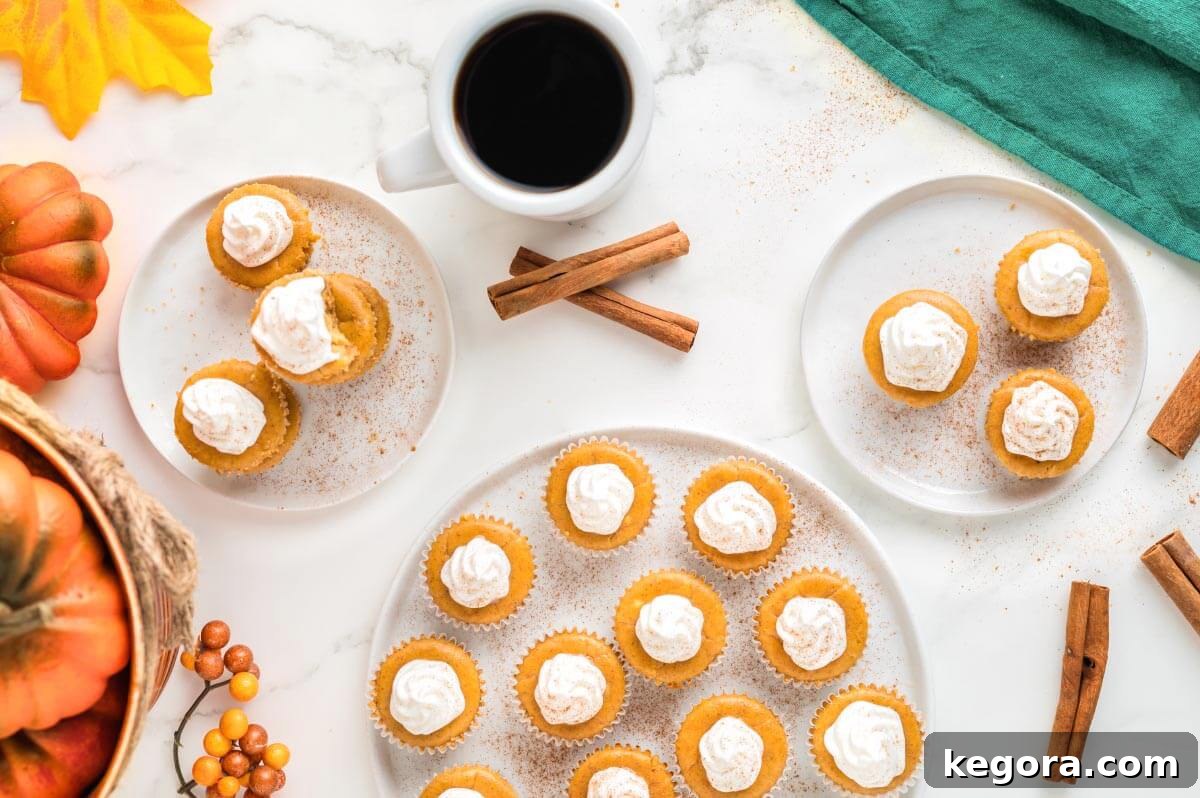 Spiced Pumpkin Cheesecake Bites 3 Artsy top down shot of Mini Pumpkin Cheesecakes on plates with a random cup of coffee and cinnamon sticks.