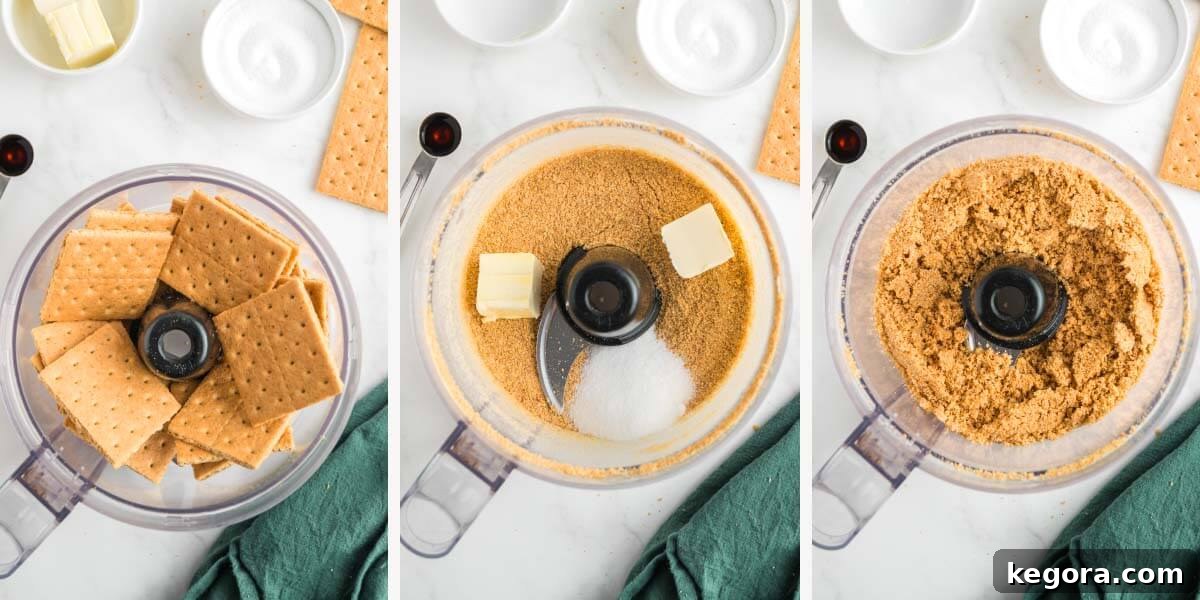 Spiced Pumpkin Cheesecake Bites 5 3-image collage making graham cracker crust in food processor.