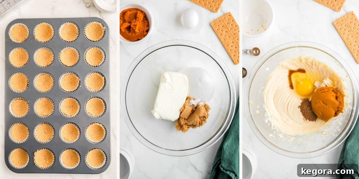 Spiced Pumpkin Cheesecake Bites 6 3-image collage making pumpkin cheesecake filling in a bowl.