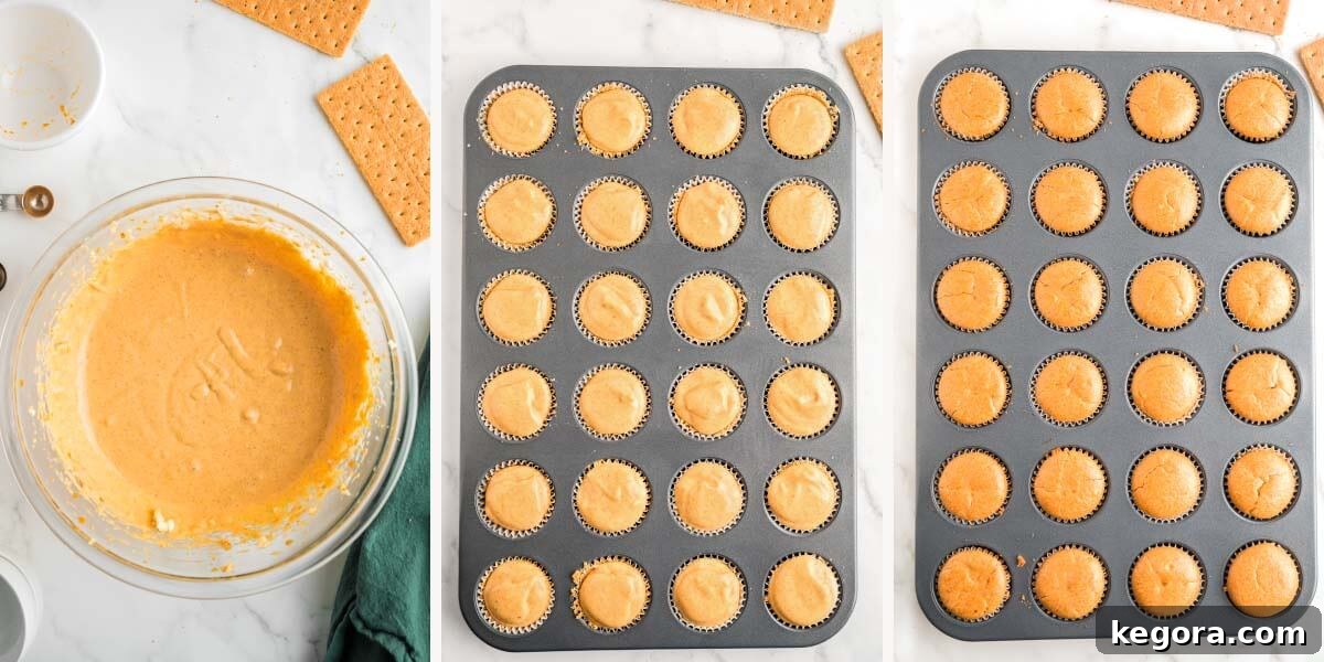 Spiced Pumpkin Cheesecake Bites 7 3-image collage with cheesecake filling in bowl, crusts filled and baked.