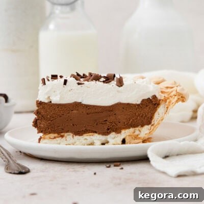 The Ultimate Gluten-Free Pie Collection 12 A side view of an ethereal slice of chocolate angel pie on a plate, featuring its light meringue and rich filling.