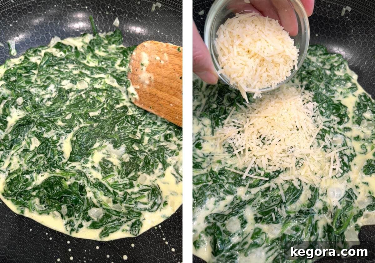 Rich Creamy Cheesy Spinach 10 Stirring the creamy spinach mixture, then adding shredded Parmesan cheese to it.