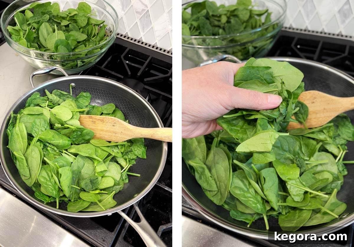 Rich Creamy Cheesy Spinach 5 Fresh baby spinach wilting in a large skillet over medium-high heat.