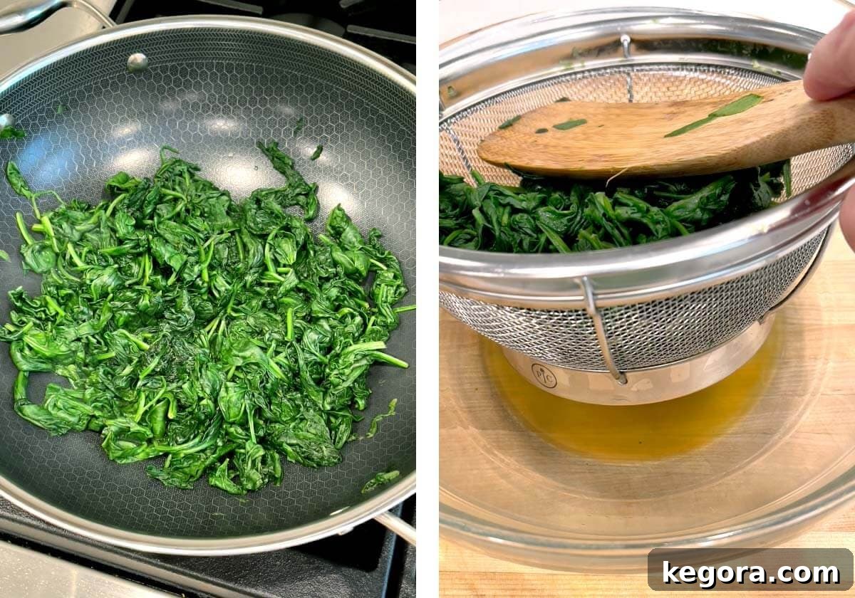 Rich Creamy Cheesy Spinach 6 Cooked spinach in a skillet and then draining the wilted spinach in a sieve set over a bowl.