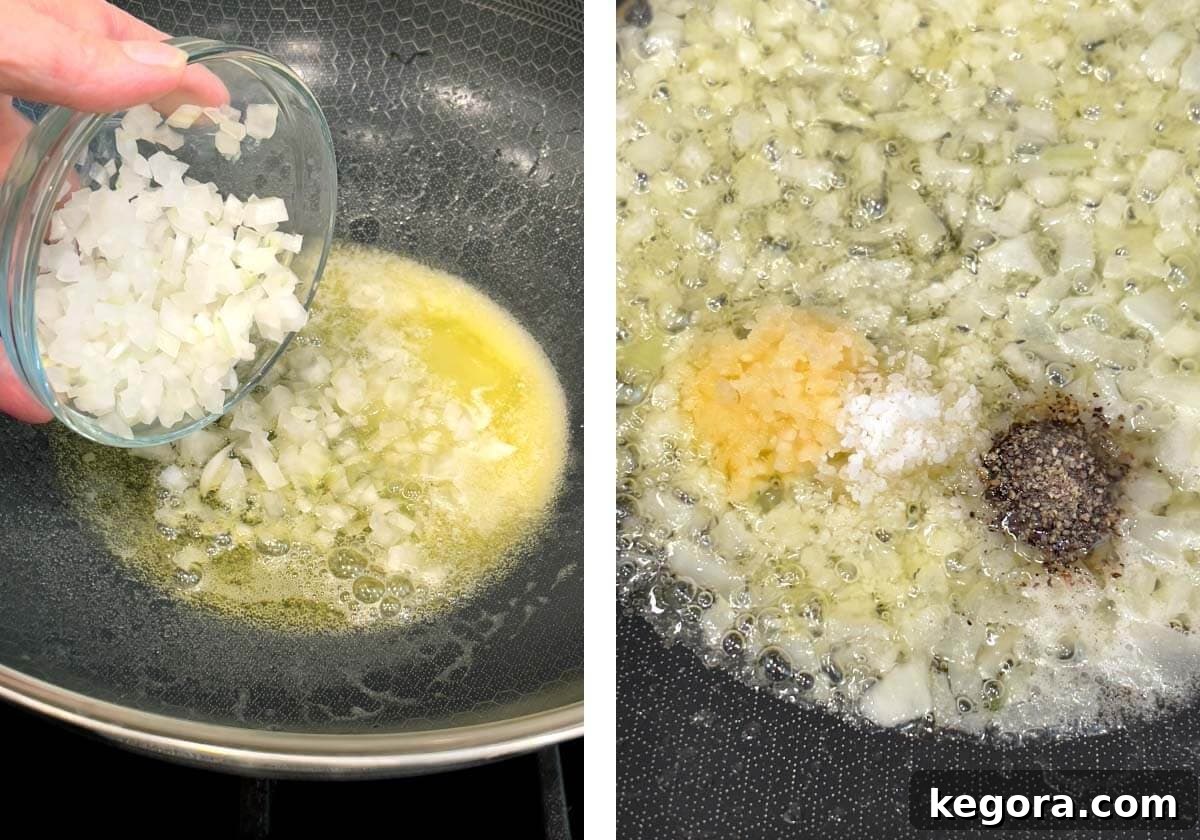 Rich Creamy Cheesy Spinach 7 Adding minced onions to melted butter in a skillet, followed by minced garlic, salt, and pepper.