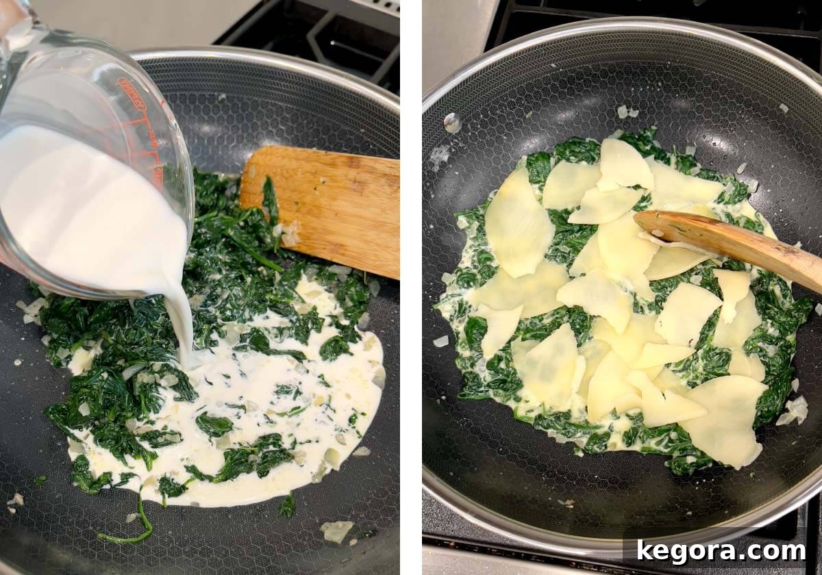 Rich Creamy Cheesy Spinach 9 Adding half and half to the spinach mixture, followed by torn pieces of provolone cheese.