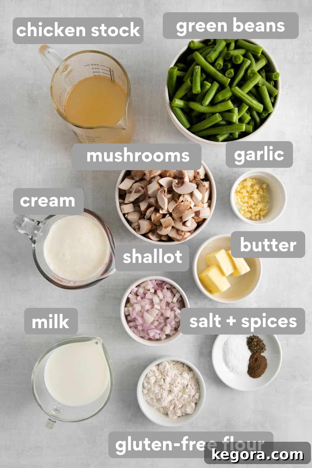 Elevated Gluten-Free Green Bean Bake 3 Green bean casserole ingredients in a baking dish