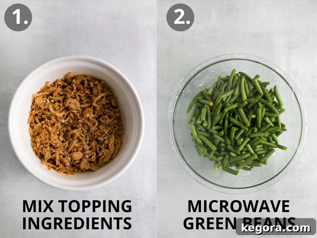 Elevated Gluten-Free Green Bean Bake 5 Topping ingredients in a bowl, and green beans in a glass bowl