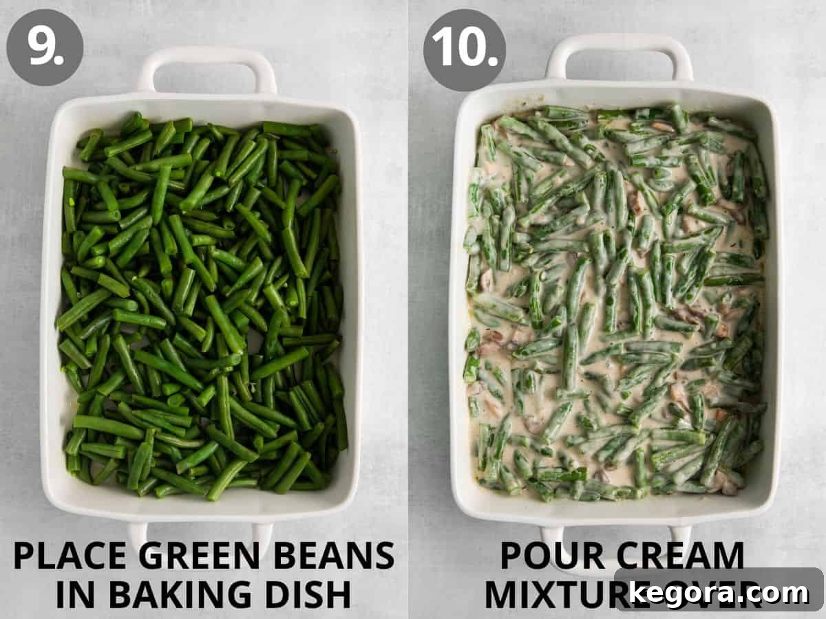 Elevated Gluten-Free Green Bean Bake 9 Green beans in the baking dish, and cream sauce poured on top