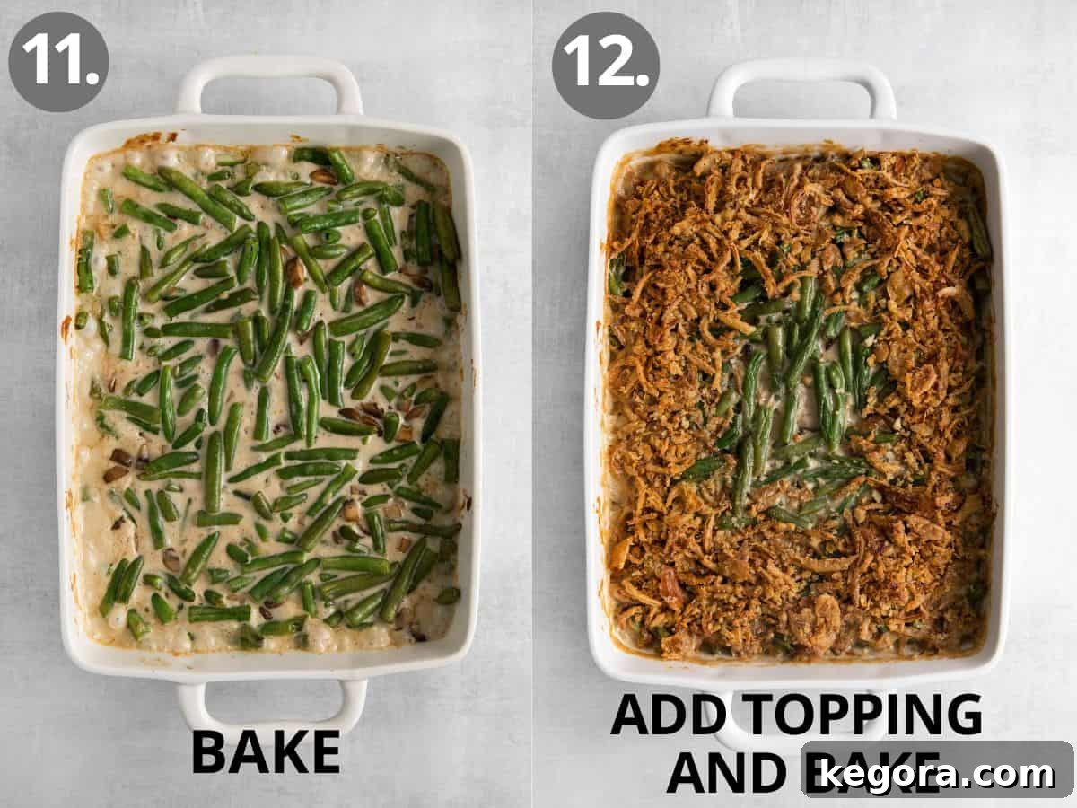Elevated Gluten-Free Green Bean Bake 10 Sauce and green beans in a casserole dish, and toppings in the green bean dish