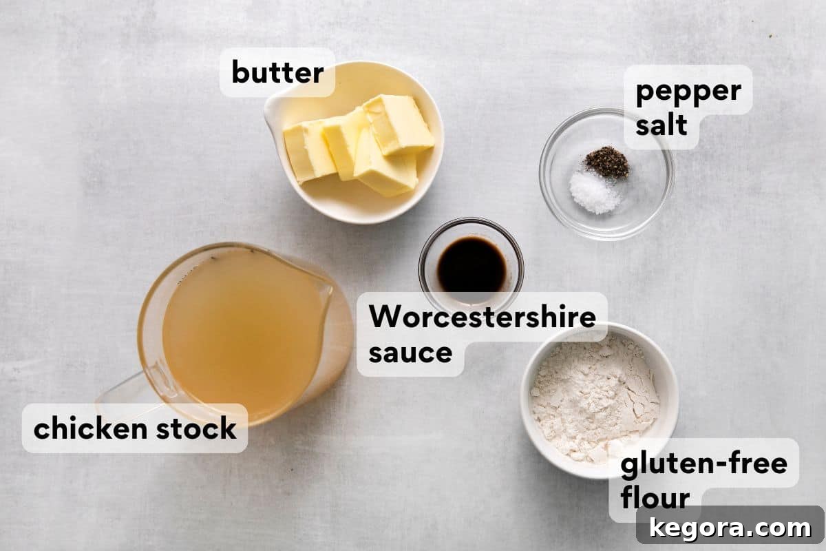 All the measured ingredients for gluten-free gravy laid out on a table, including stock, butter, flour, and Worcestershire sauce.